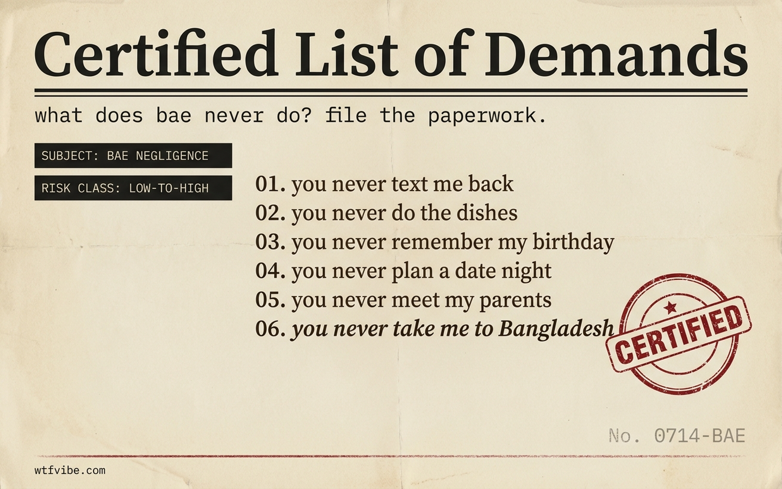 Certified List of Demands ("you never ___" / "Bangladesh")
