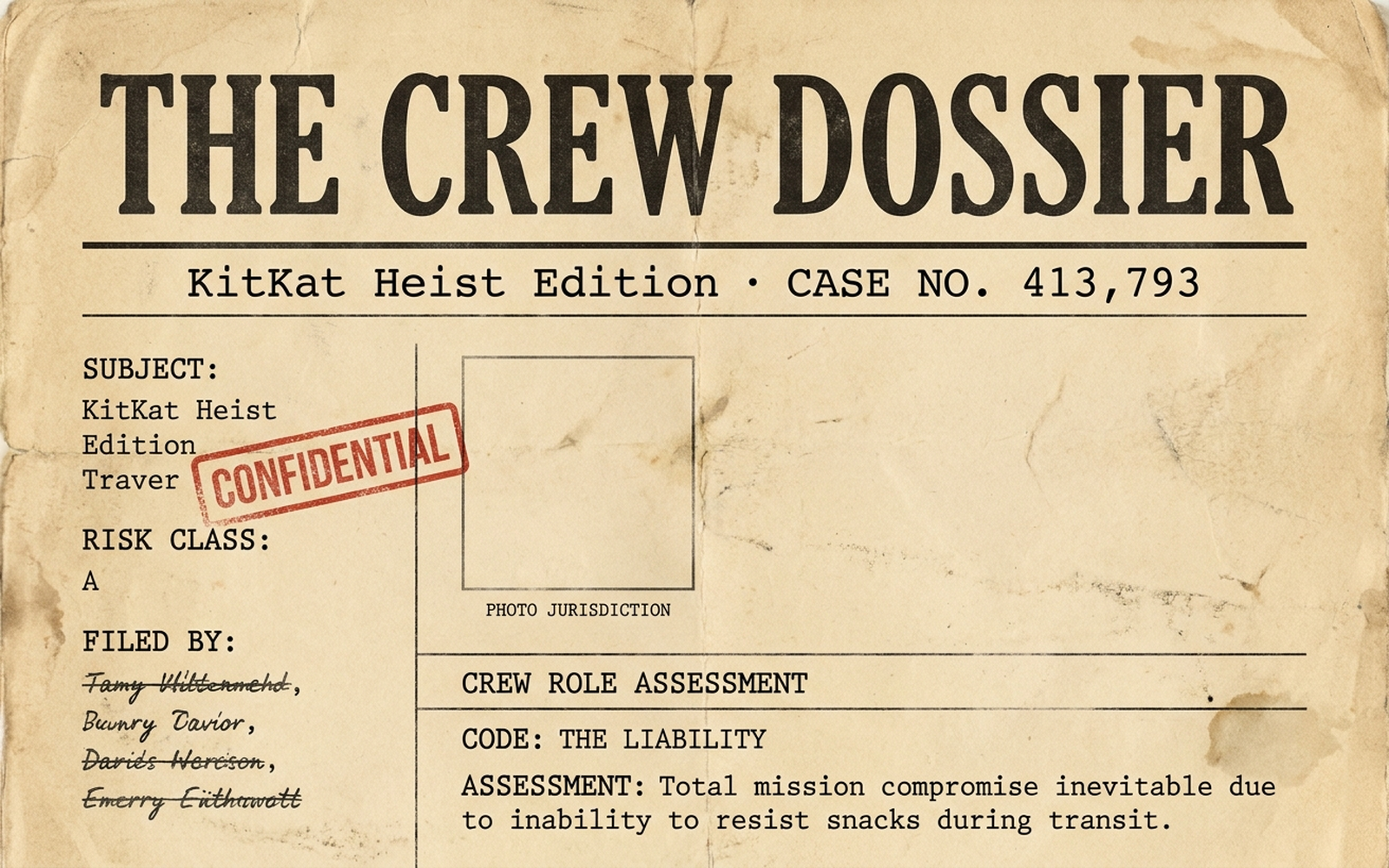 Build Specification — "The Crew Dossier: KitKat Heist Edition"