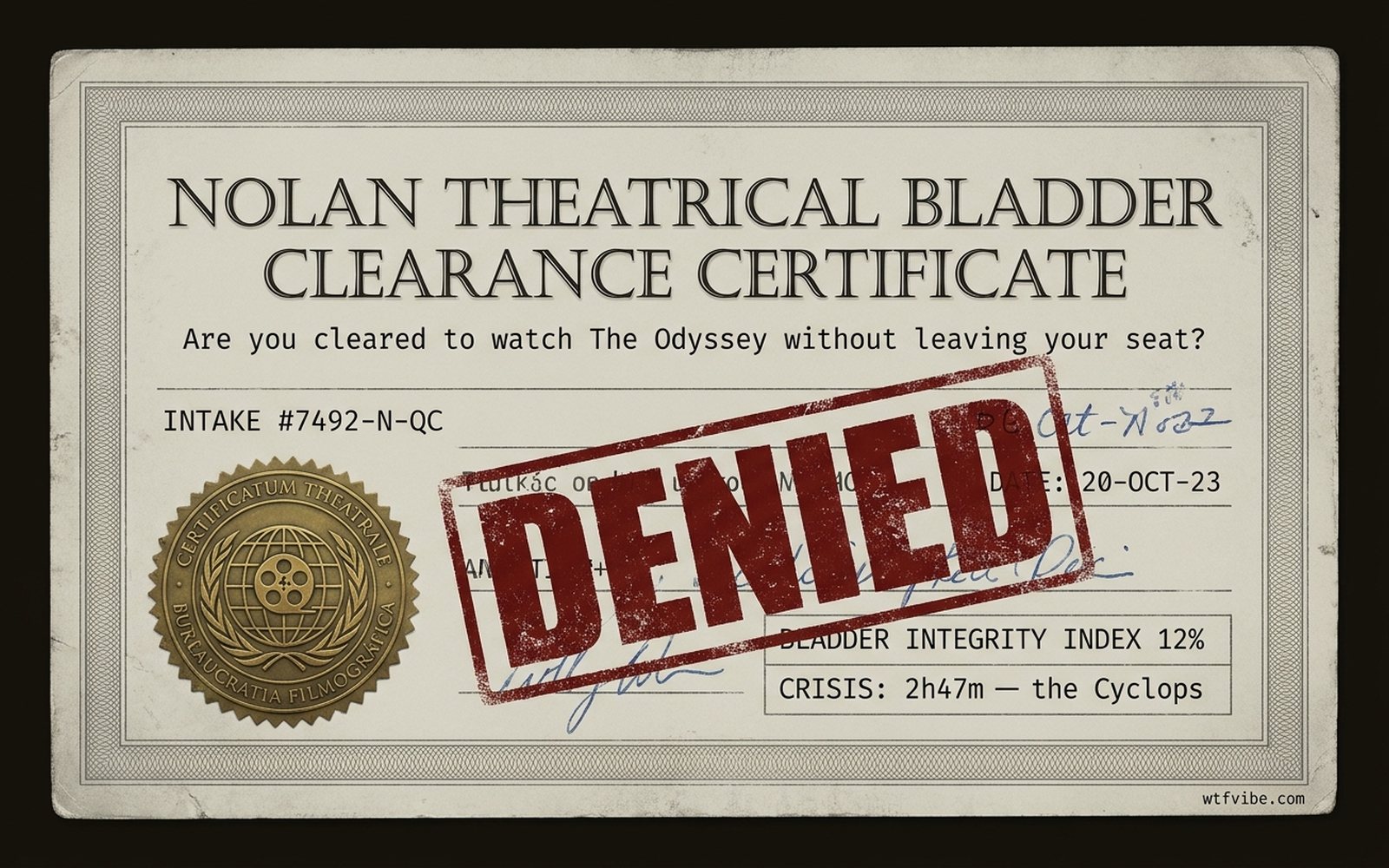 Nolan Theatrical Bladder Clearance Certificate