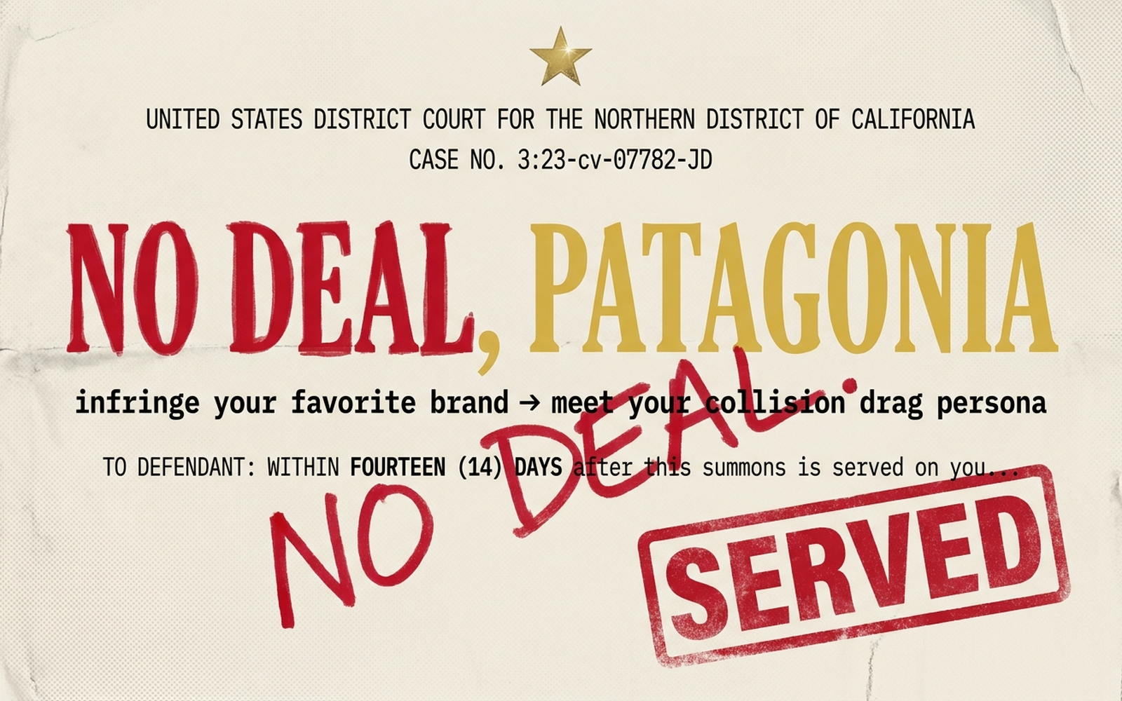 No Deal., Patagonia (logo-collision drag-name notice cards)
